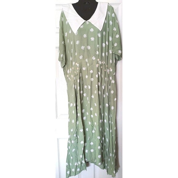Gunne Sax Dress Ms Chaus Sz 20W 80s Green Dots Peter pan Collar Cotragecore Vtg - Picture 1 of 14